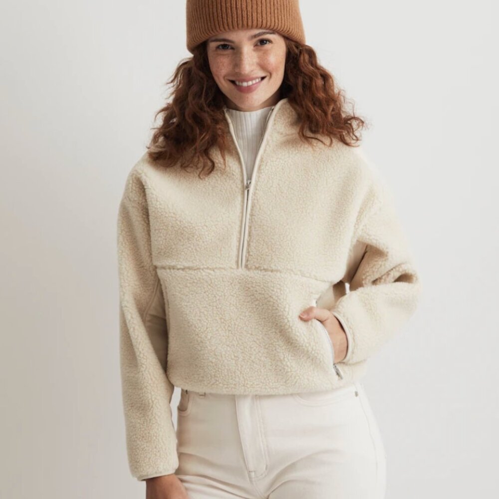 madewell faux shearling half-zip pullover / size med